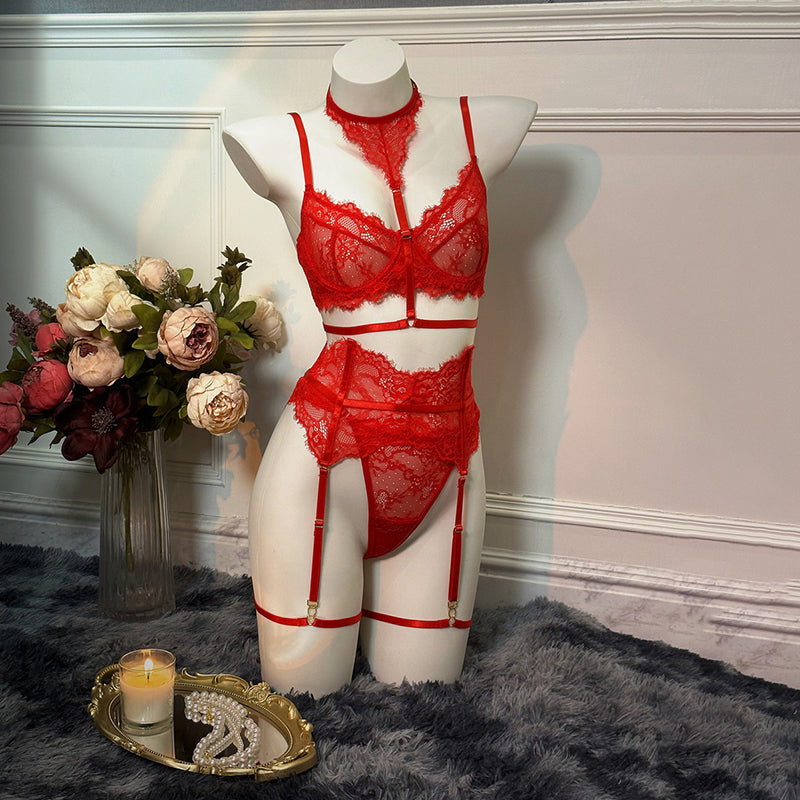 Halter neck lace push up bra set