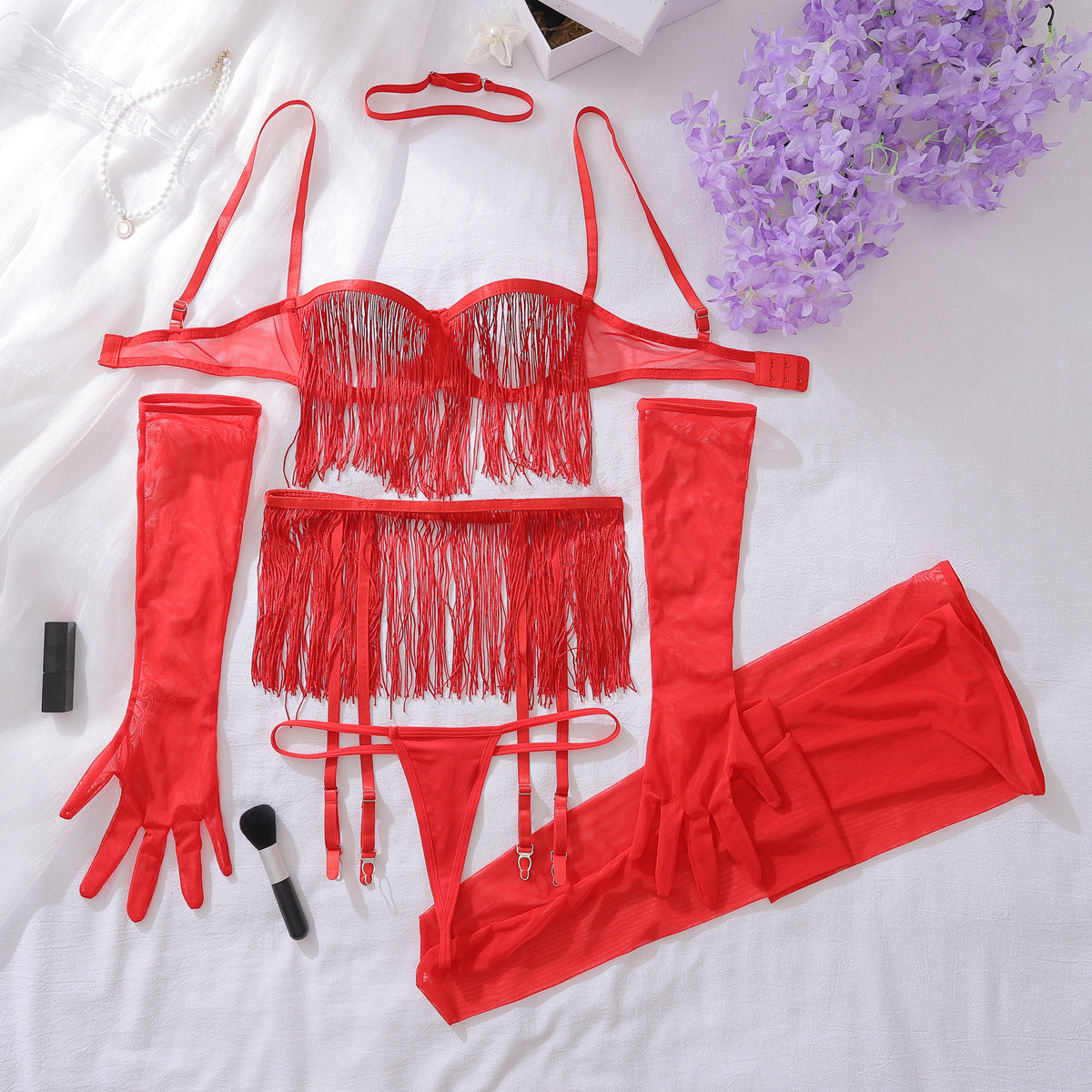 Lace see-through tassel suit