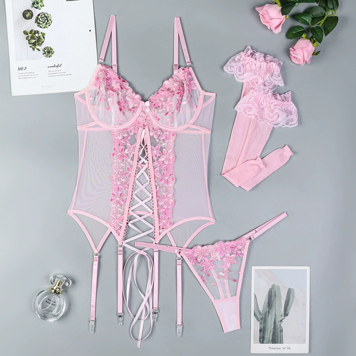 Embroidered flower slit strap sexy underwear