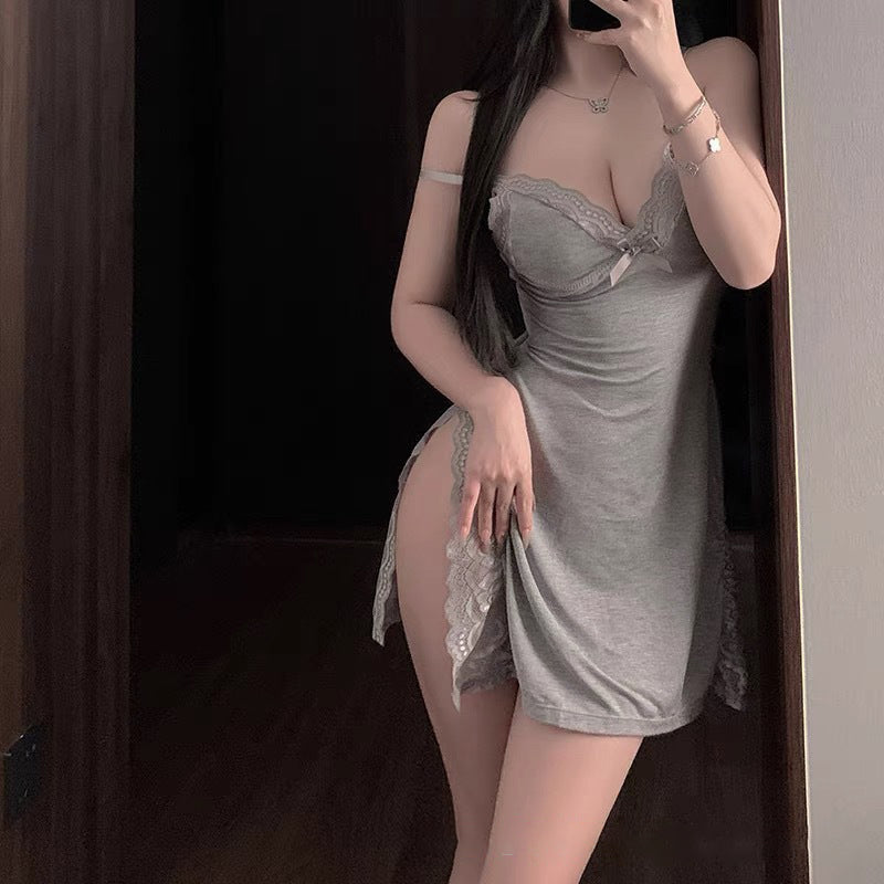 Deep V Sheer Lace Suspender Dress