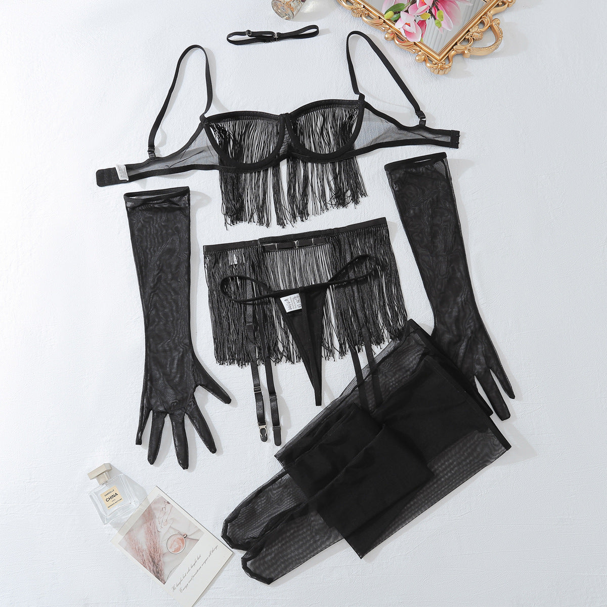 Lace see-through tassel suit