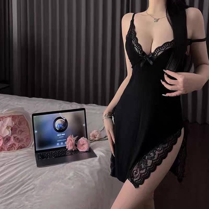 Deep V Sheer Lace Suspender Dress